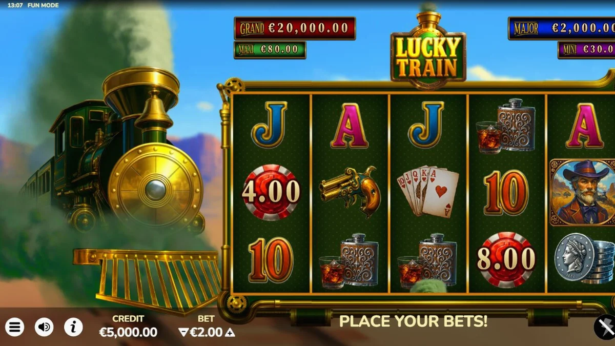 Interface do jogo de caça-níqueis Lucky Train com tema steampunk e trilhos de trem